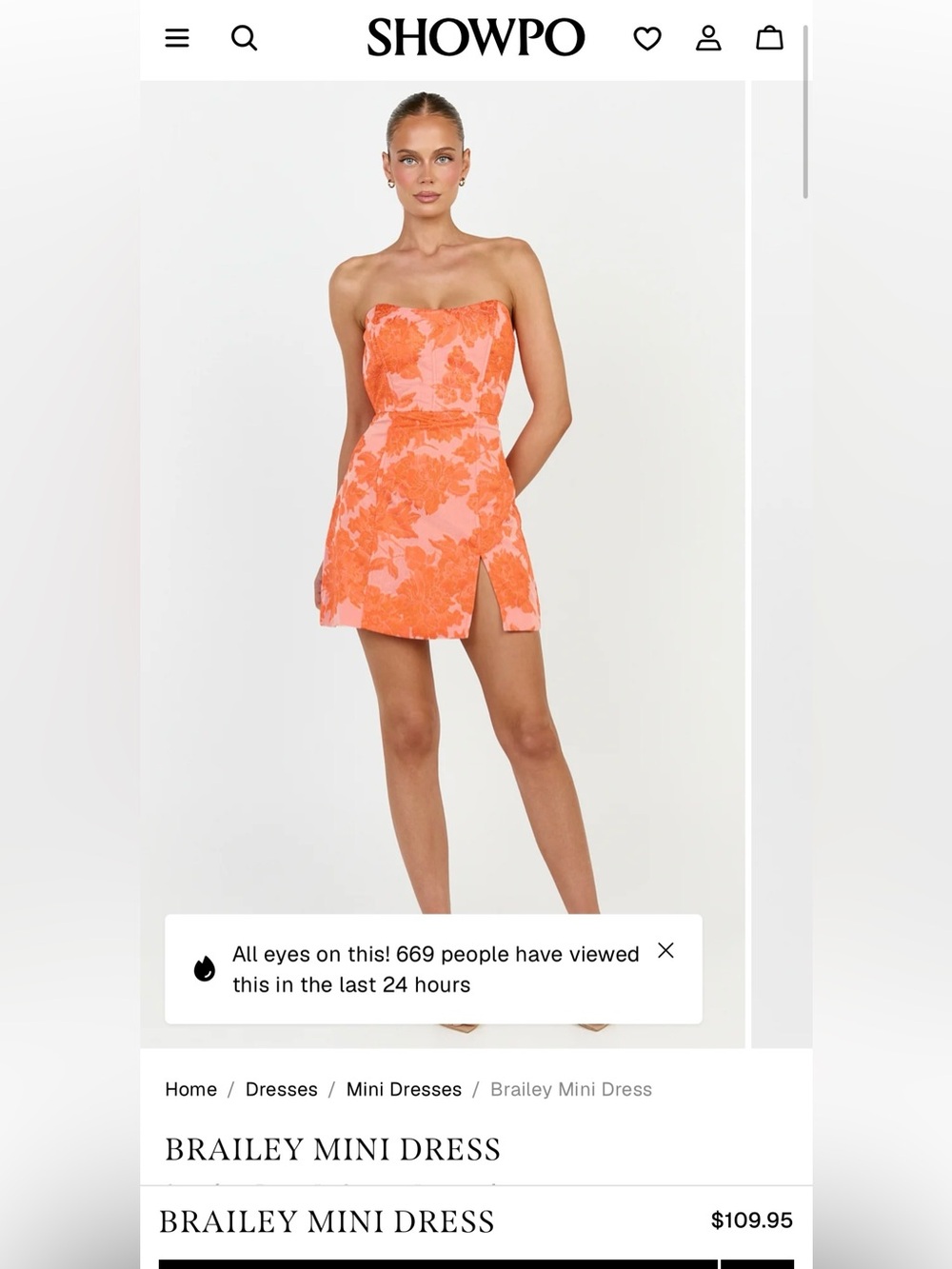 Showpo Brailey Strapless Coral-Orange Floral Mini Dress
